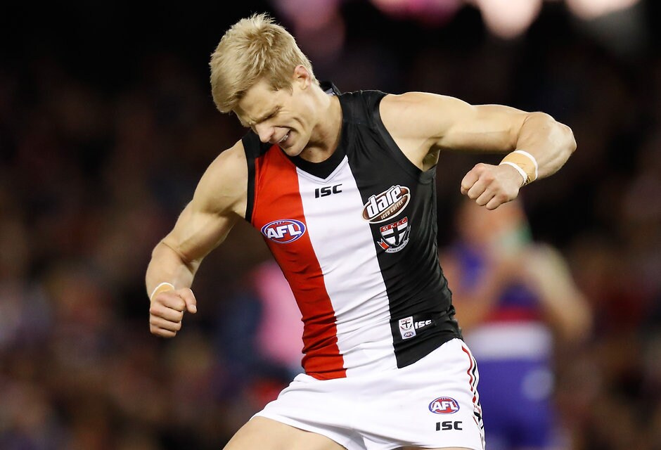 AFL 2016 Rd 18 - Western Bulldogs v St Kilda MELBOURNE, AUSTRALIA - JULY 23: Nick Riewoldt of the Saints celebrates a goal during the 2016 AFL Round 18 match between the Western Bulldogs and the St Kilda Saints at Etihad Stadium on July 23, 2016 in Melbourne, Australia. (Photo by Michael Willson/AFL Media)